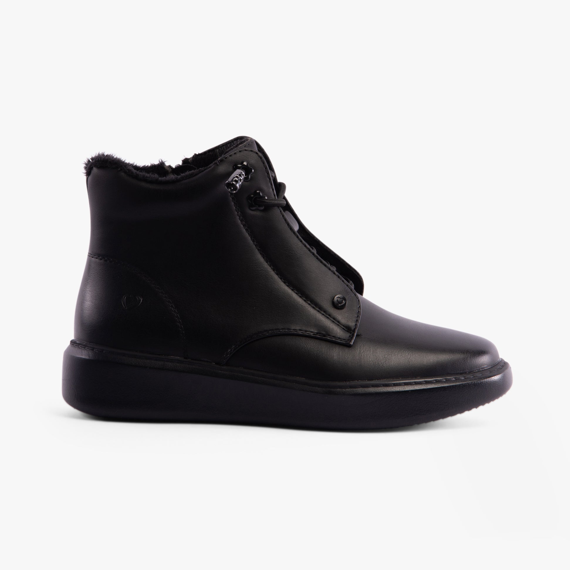 Heavenly Feet PETRA Womens Boots Black side view showcasing faux leather upper and lace-up closure.