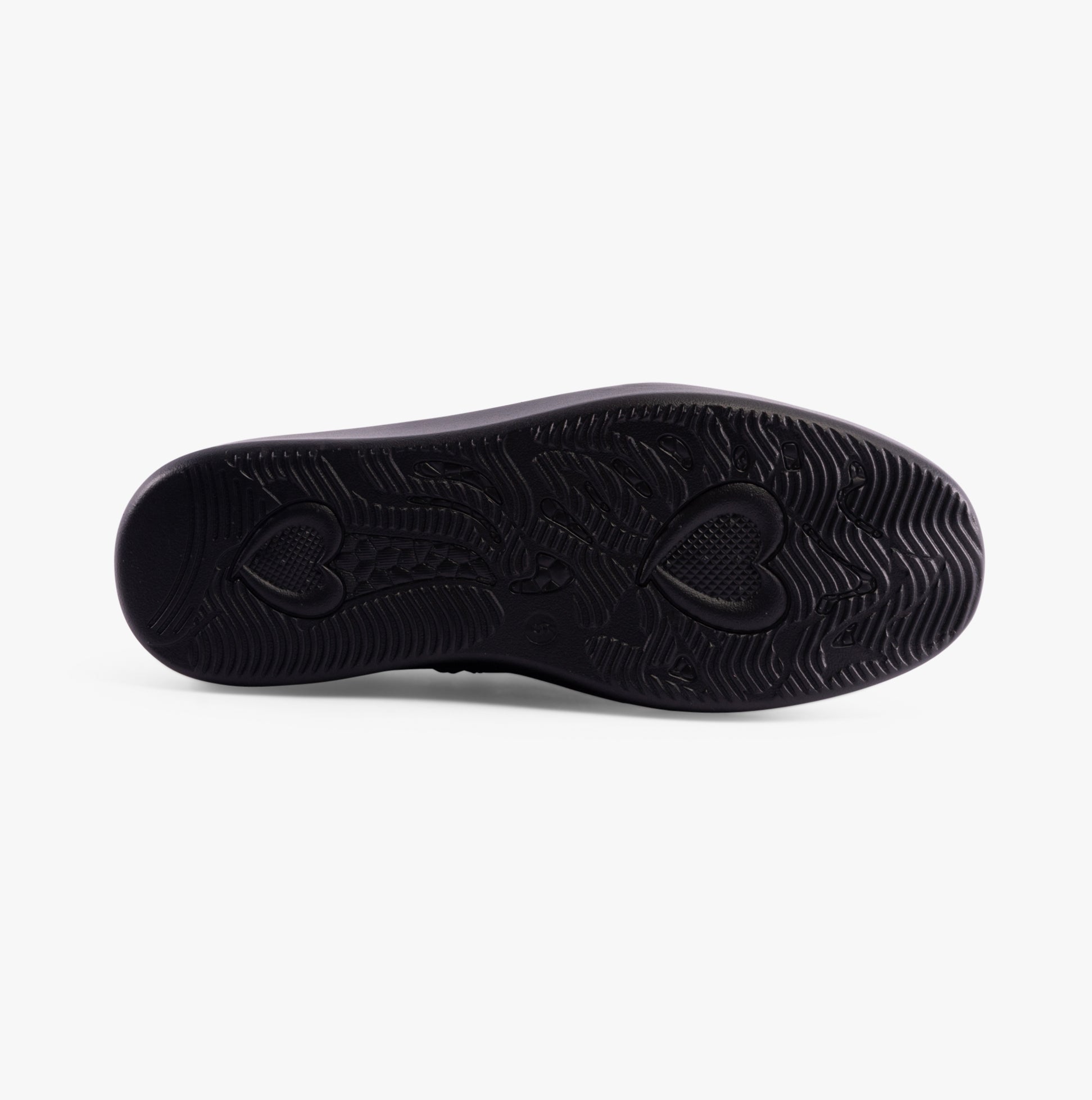 Heavenly Feet PETRA Womens Boots Black bottom view, showcasing rubber sole with heart design.