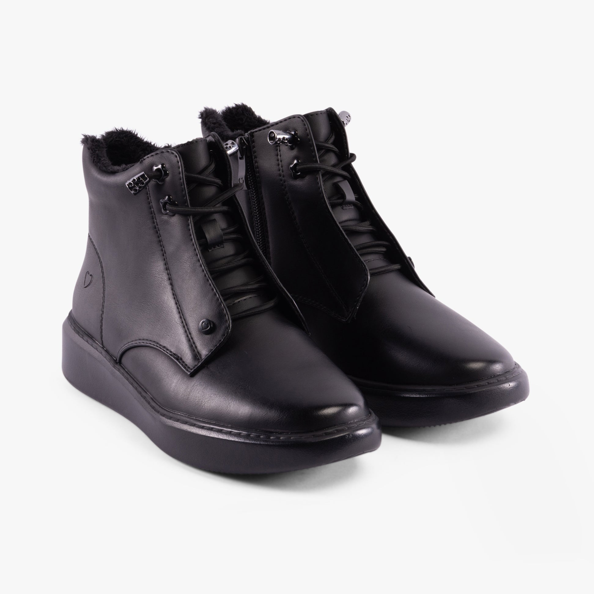 Heavenly Feet PETRA Womens Boots Black front view, faux leather lace-up ankle boots with rubber sole.