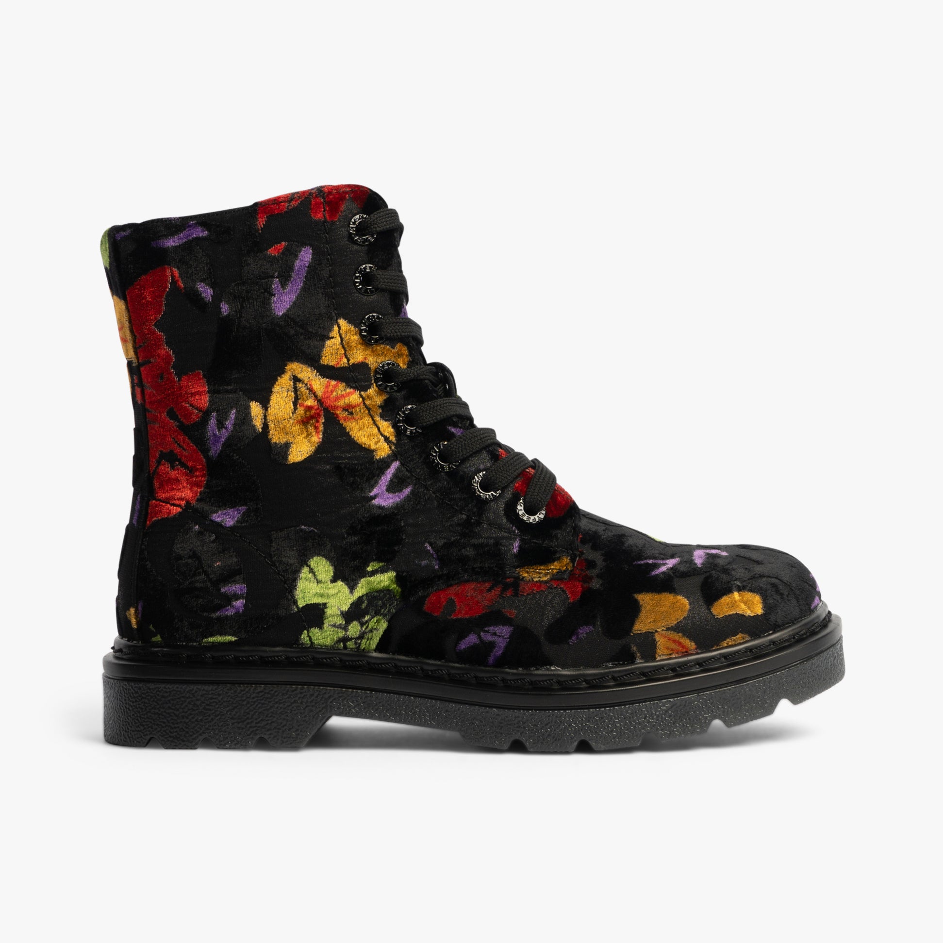 Heavenly Feet JUSTINA2 FLORAL VELOUR Womens Lace Up Boots Black side view with colorful floral design on faux leather.