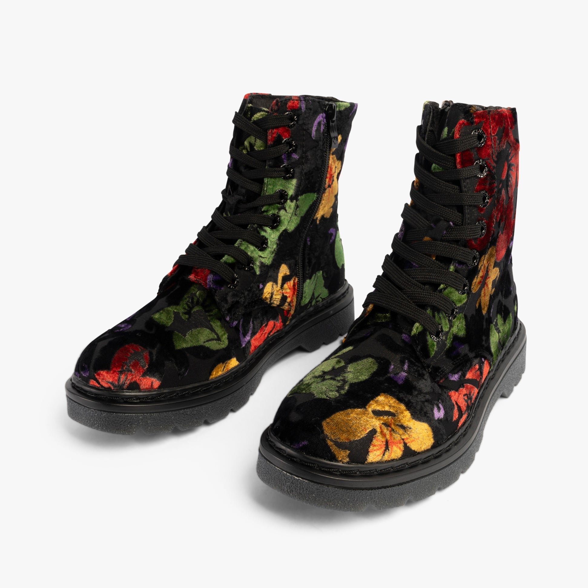 Heavenly Feet JUSTINA2 FLORAL VELOUR Womens Lace Up Boots Black side view showcasing floral design and lace-up closure.