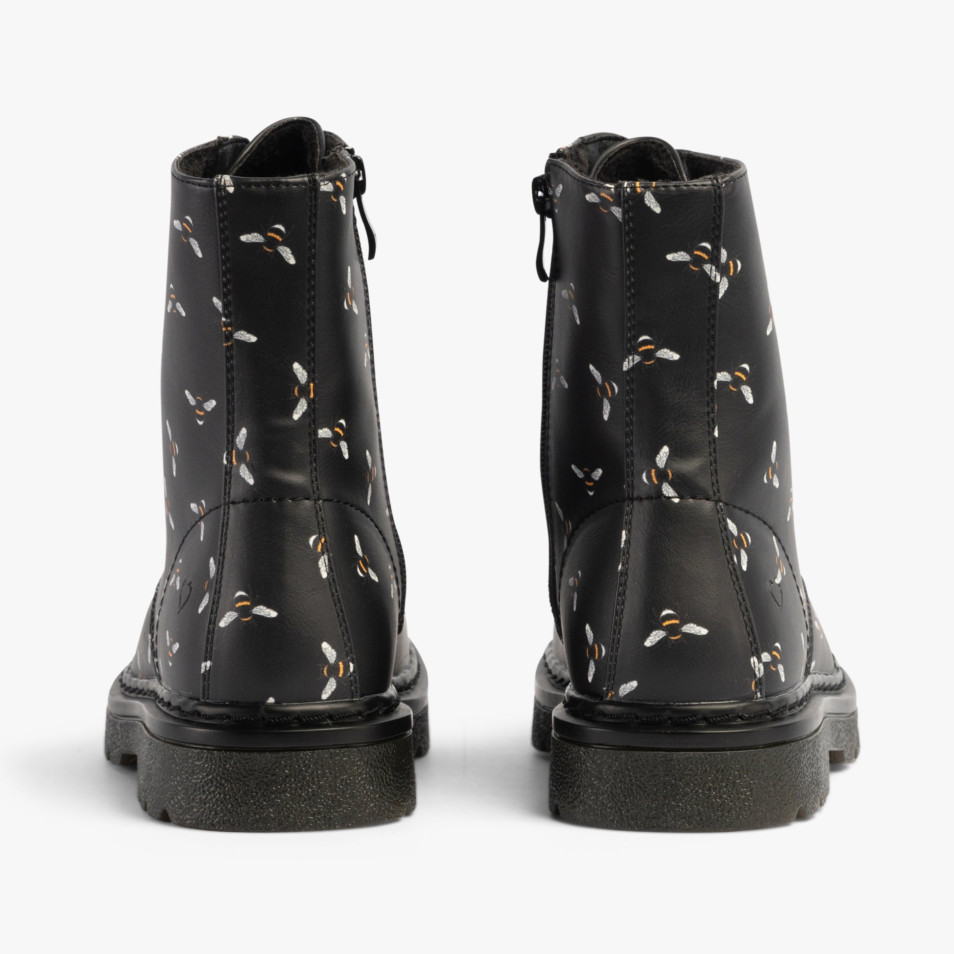 Heavenly Feet JUSTINA2 NEW BEE PRINT Womens Lace Up Boots Black back view showing bee print design and zip closure.