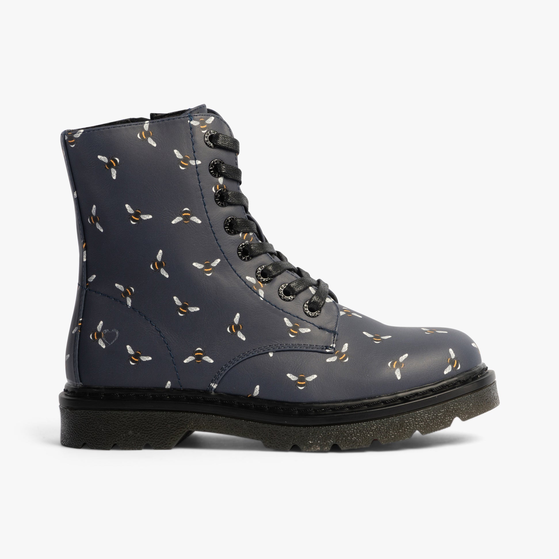 Heavenly Feet JUSTINA2 NEW BEE PRINT Womens Lace Up Boots Midnight side view featuring bee print detail.