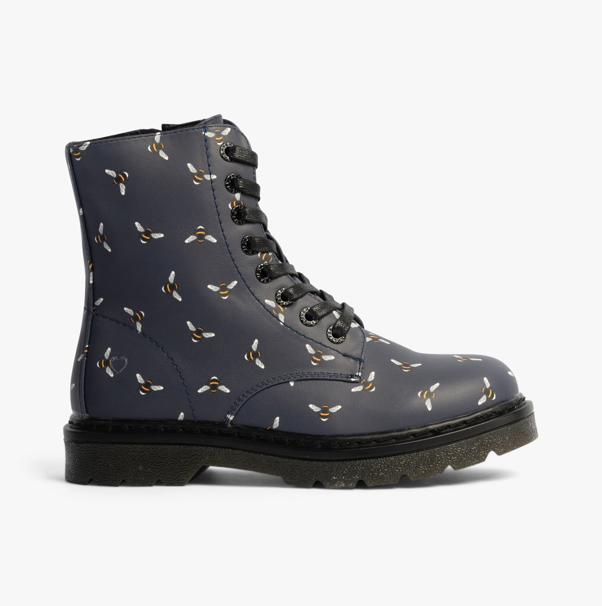 Heavenly Feet JUSTINA2 NEW BEE PRINT Womens Lace Up Boots Midnight side view featuring bee print detail.