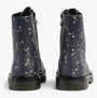 Heavenly Feet JUSTINA2 NEW BEE PRINT Womens Lace Up Boots Midnight rear view showcasing bee print design.