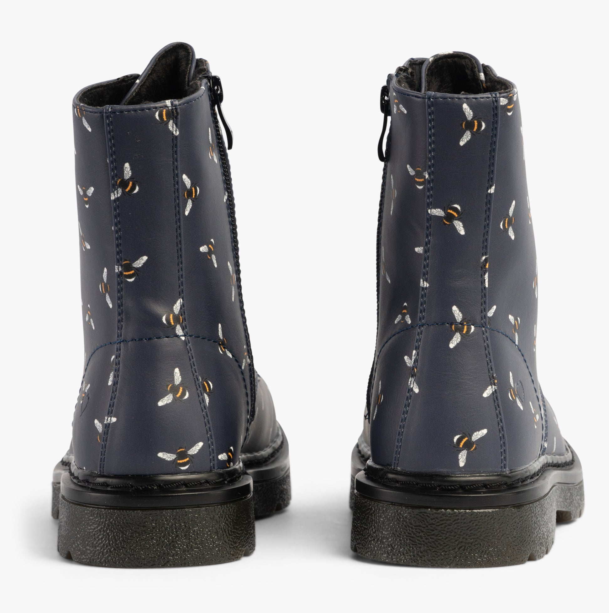 Heavenly Feet JUSTINA2 NEW BEE PRINT Womens Lace Up Boots Midnight rear view showcasing bee print design.
