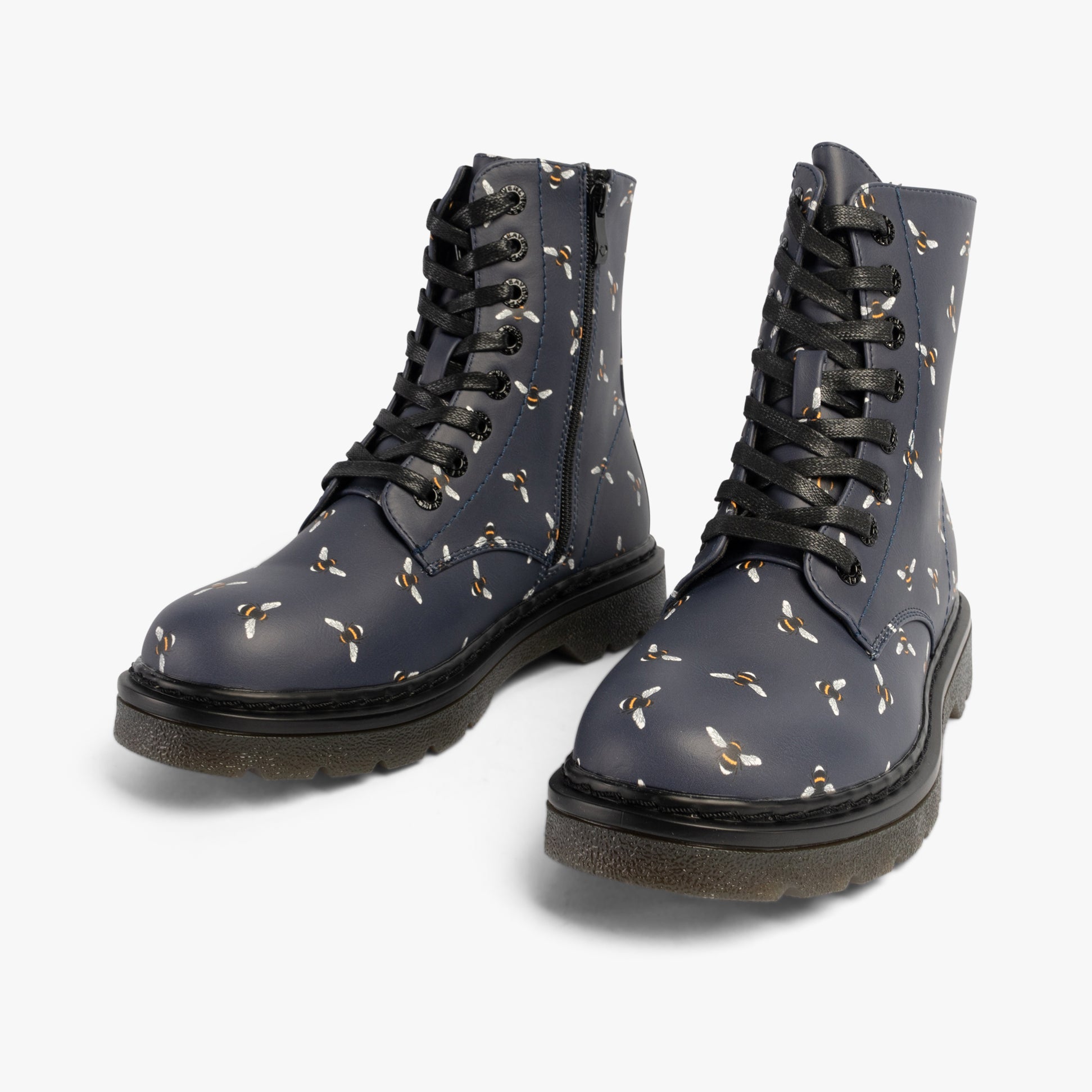 Heavenly Feet JUSTINA2 NEW BEE PRINT Womens Lace Up Boots Midnight side view with bee print design.