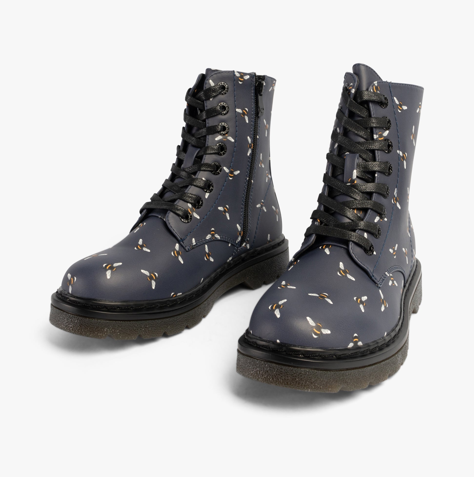 Heavenly Feet JUSTINA2 NEW BEE PRINT Womens Lace Up Boots Midnight side view with bee print design.