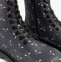 Heavenly Feet JUSTINA2 NEW BEE PRINT Womens Lace Up Boots Midnight close-up view showing bee print details and laces.