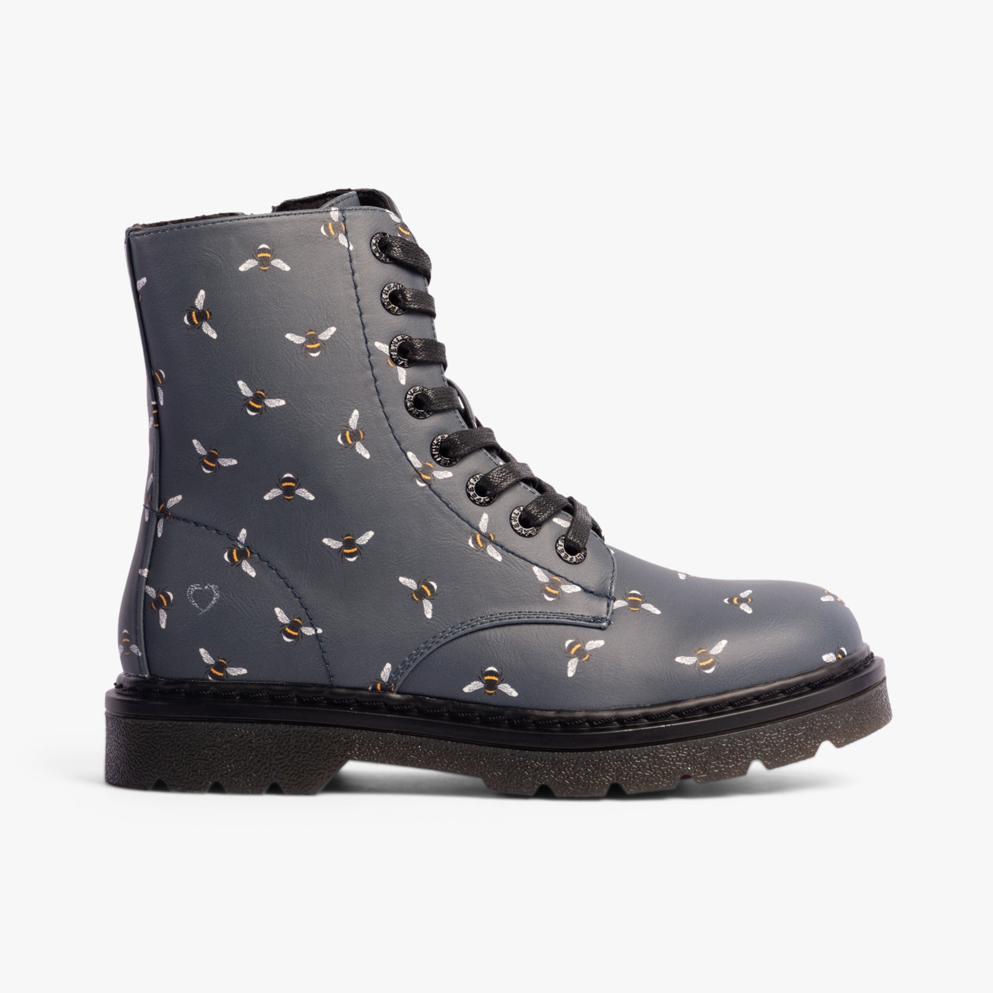 Heavenly Feet JUSTINA2 NEW BEE PRINT Womens Lace Up Boots Ocean side view with bee print in faux leather.