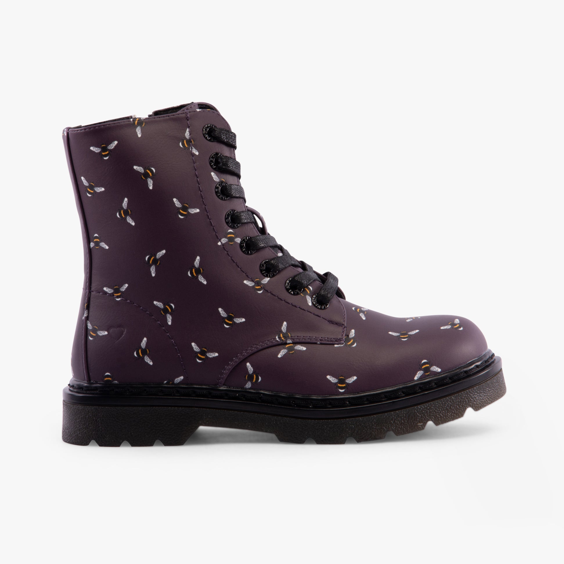 Heavenly Feet JUSTINA2 NEW BEE PRINT Womens Lace Up Boots Purple side view showcasing bee print design.