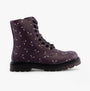 Heavenly Feet JUSTINA2 NEW BEE PRINT Womens Lace Up Boots Purple side view showcasing bee print design.
