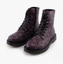 Heavenly Feet JUSTINA2 NEW BEE PRINT Womens Lace Up Boots Purple side view showcasing bee print design and black laces.