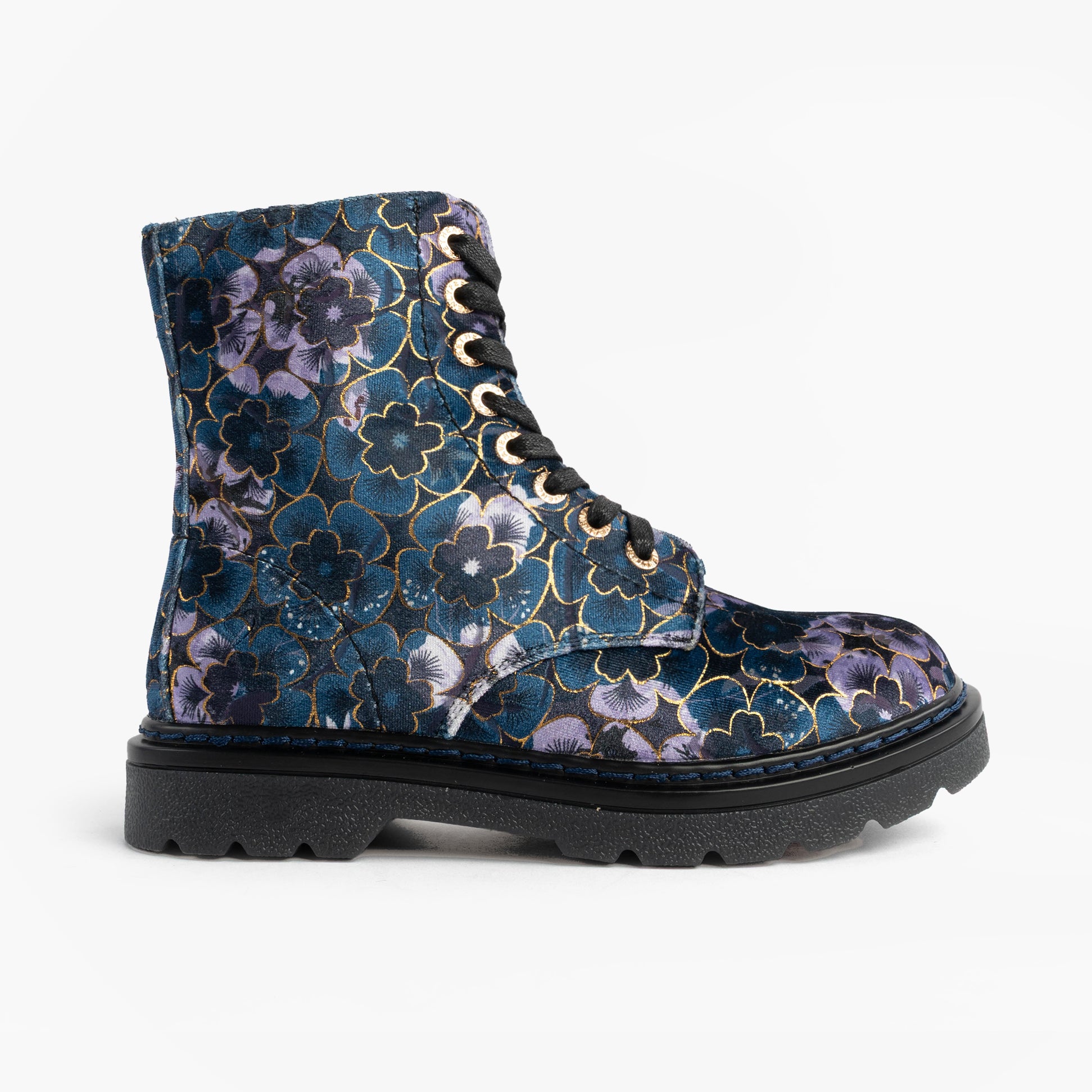 Heavenly Feet MDNGHT JUSTINA2 VIOLA VELOUR Womens Ankle Boots Midnight side view with floral design and black sole.