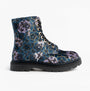 Heavenly Feet MDNGHT JUSTINA2 VIOLA VELOUR Womens Ankle Boots Midnight side view with floral design and black sole.
