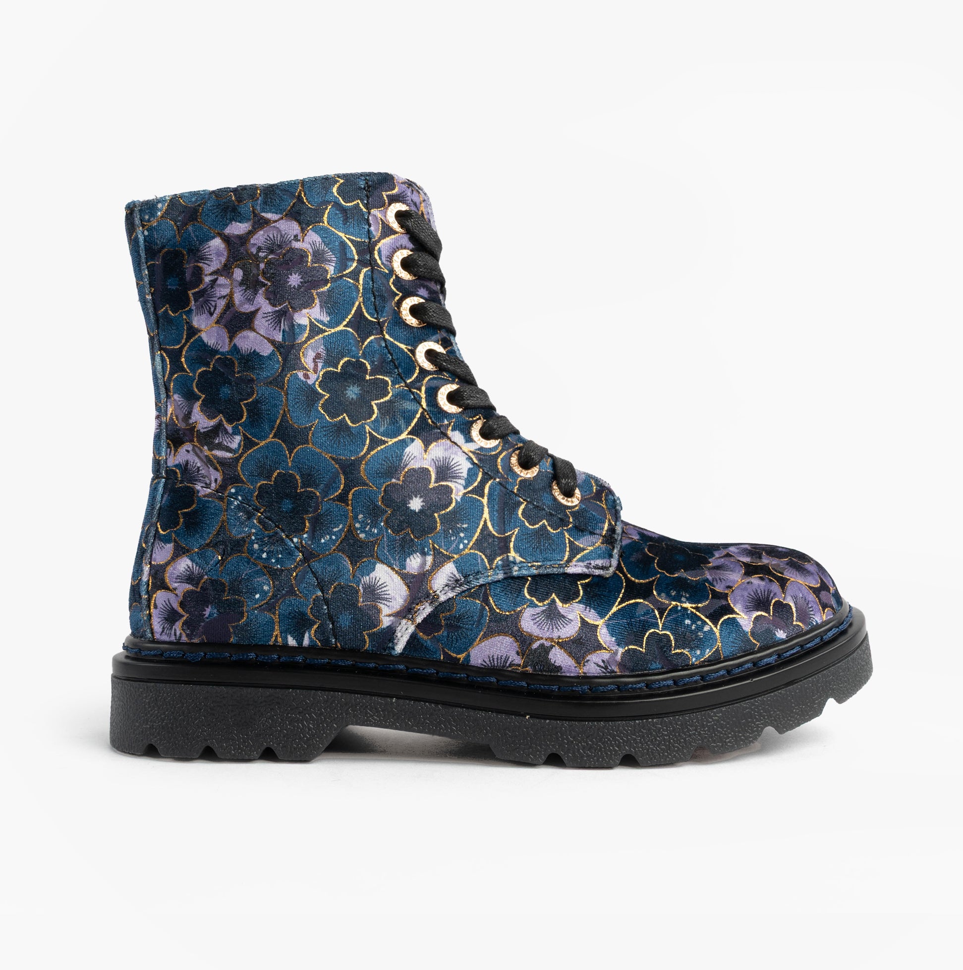Heavenly Feet MDNGHT JUSTINA2 VIOLA VELOUR Womens Ankle Boots Midnight side view with floral design and black sole.