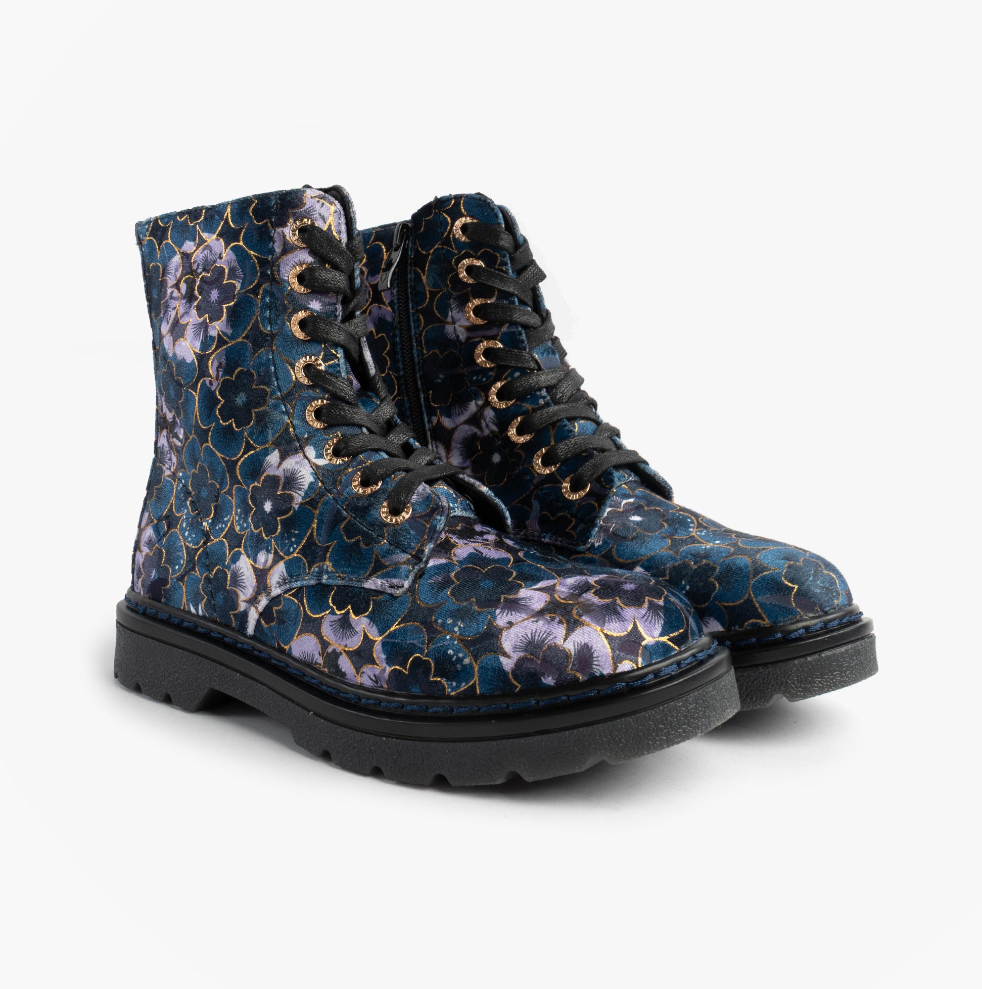 Heavenly Feet MDNGHT JUSTINA2 VIOLA VELOUR Womens Ankle Boots Midnight side view showcasing floral design and lace-up detail.