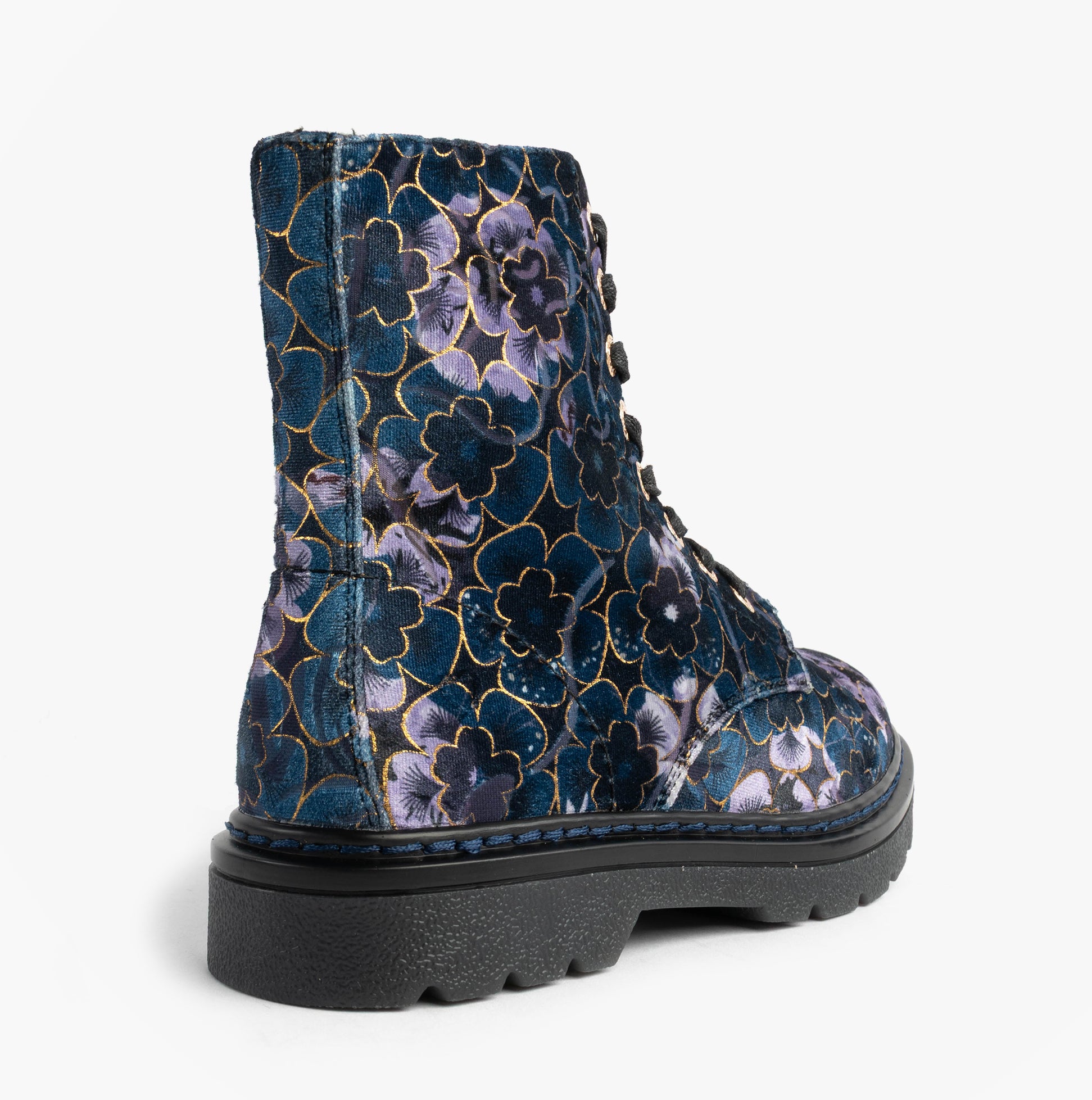Heavenly Feet MDNGHT JUSTINA2 VIOLA VELOUR Womens Ankle Boots Midnight rear view with floral pattern and black sole.