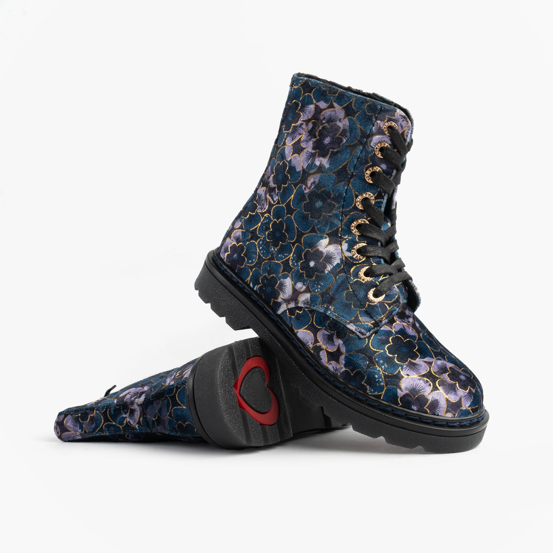 Heavenly Feet MDNGHT JUSTINA2 VIOLA VELOUR Womens Ankle Boots Midnight side view with floral pattern and chunky sole.