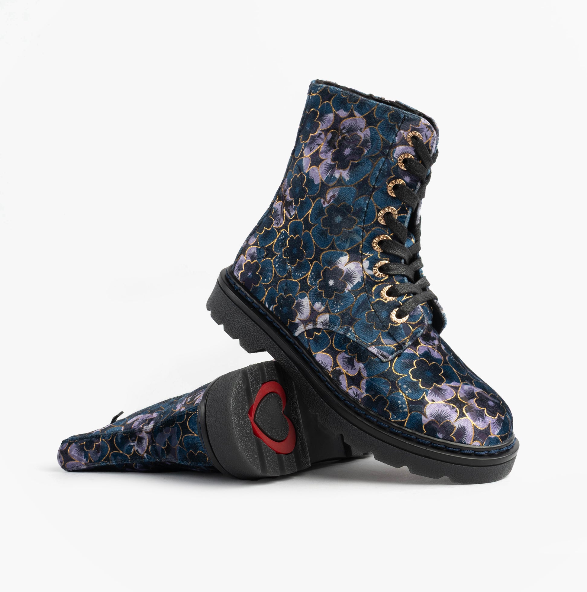 Heavenly Feet MDNGHT JUSTINA2 VIOLA VELOUR Womens Ankle Boots Midnight side view with floral pattern and chunky sole.