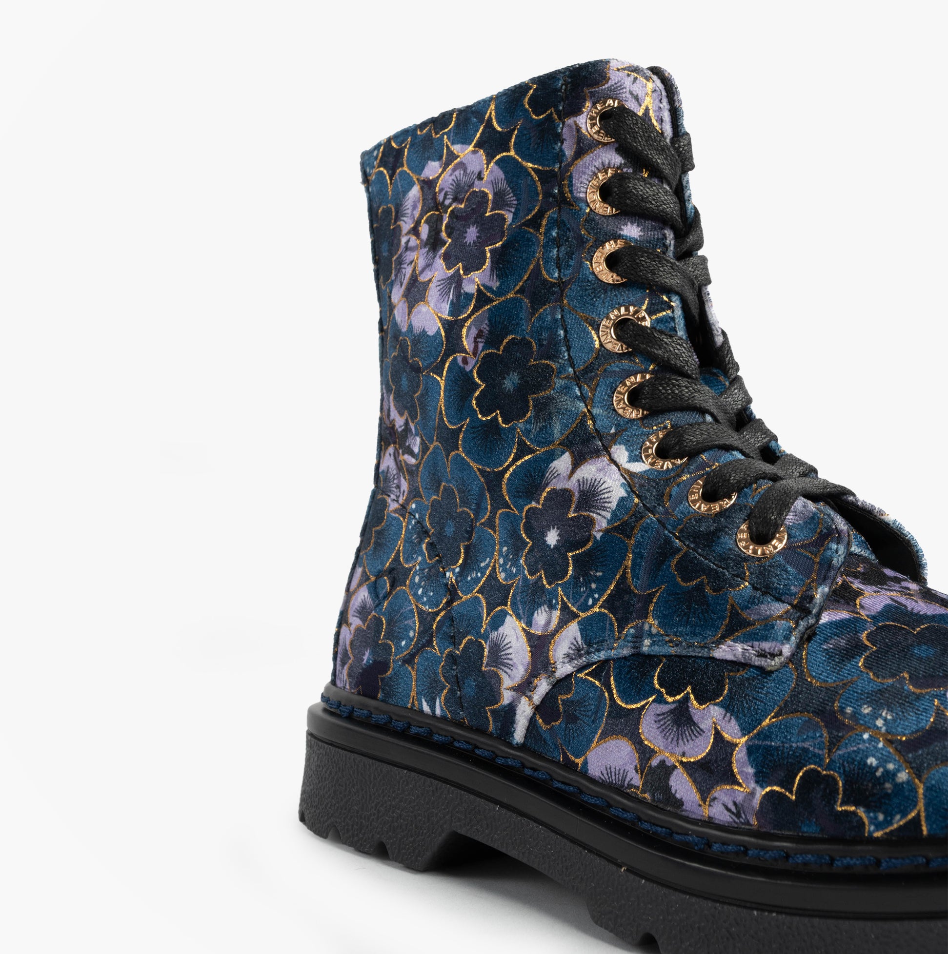 Heavenly Feet MDNGHT JUSTINA2 VIOLA VELOUR Womens Ankle Boots Midnight side view showcasing floral pattern and lace-up detail.