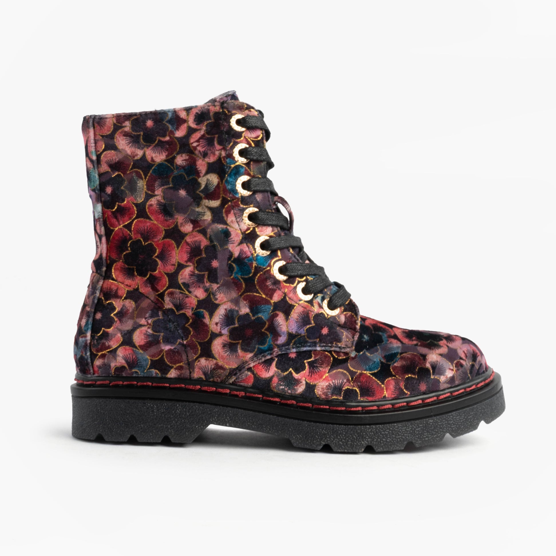 Heavenly Feet JUSTINA2 VIOLA VELOUR Womens Ankle Boots Rose Pink side view with floral design and lace-up detail.