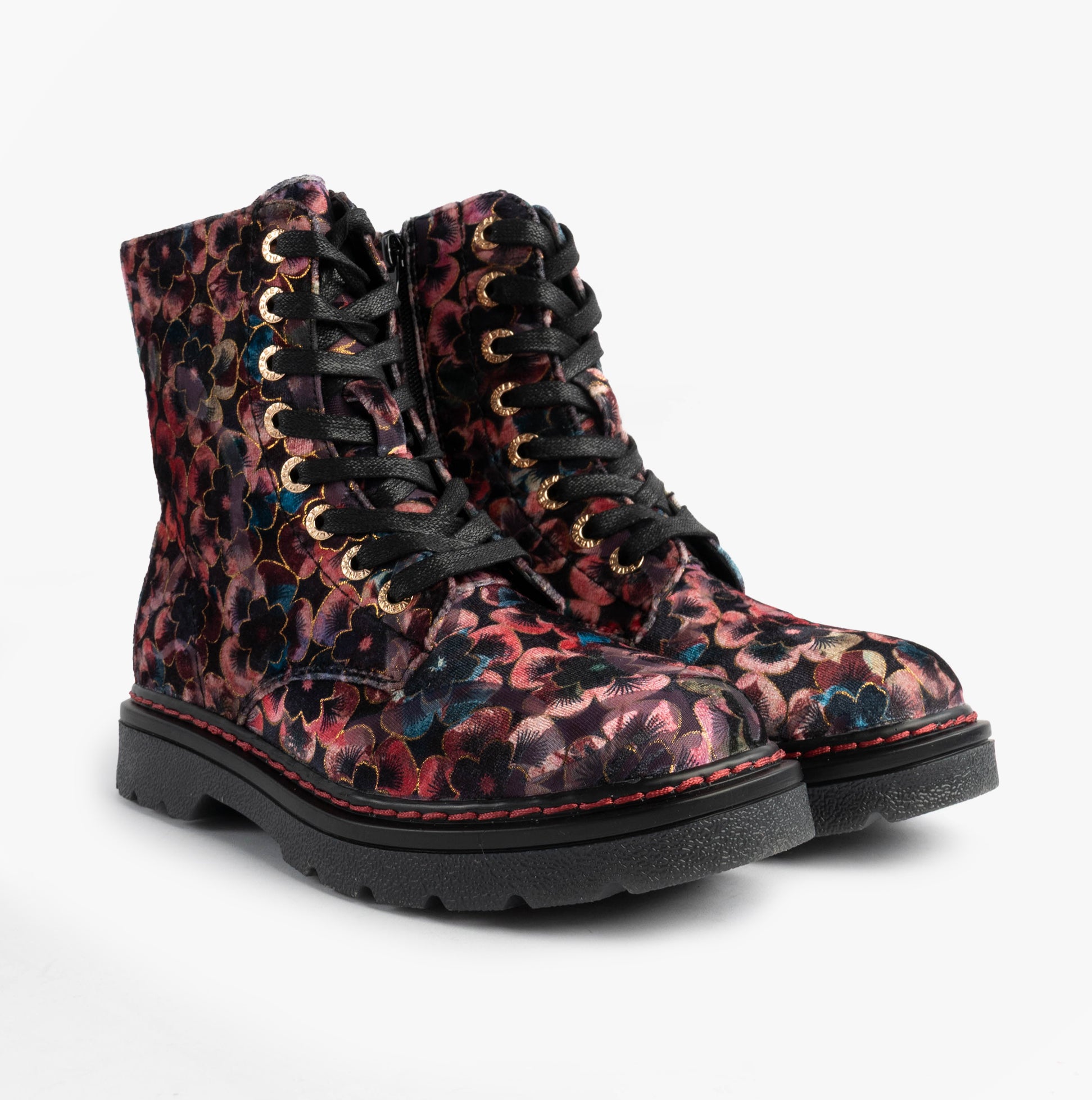 Heavenly Feet JUSTINA2 VIOLA VELOUR Womens Ankle Boots Rose Pink side view, showcasing floral design and lace-up details.