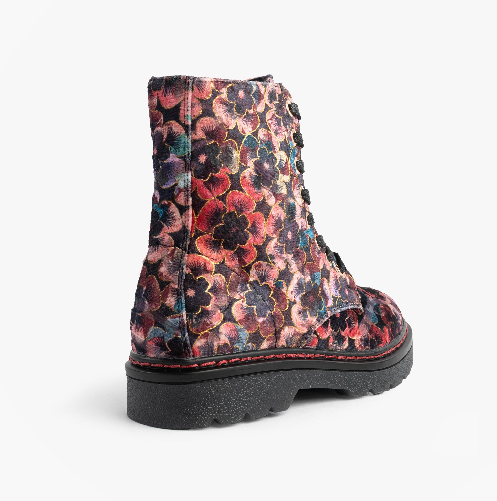 Heavenly Feet JUSTINA2 VIOLA VELOUR Womens Ankle Boots Rose Pink, side view showcasing floral design and lace-up closure.