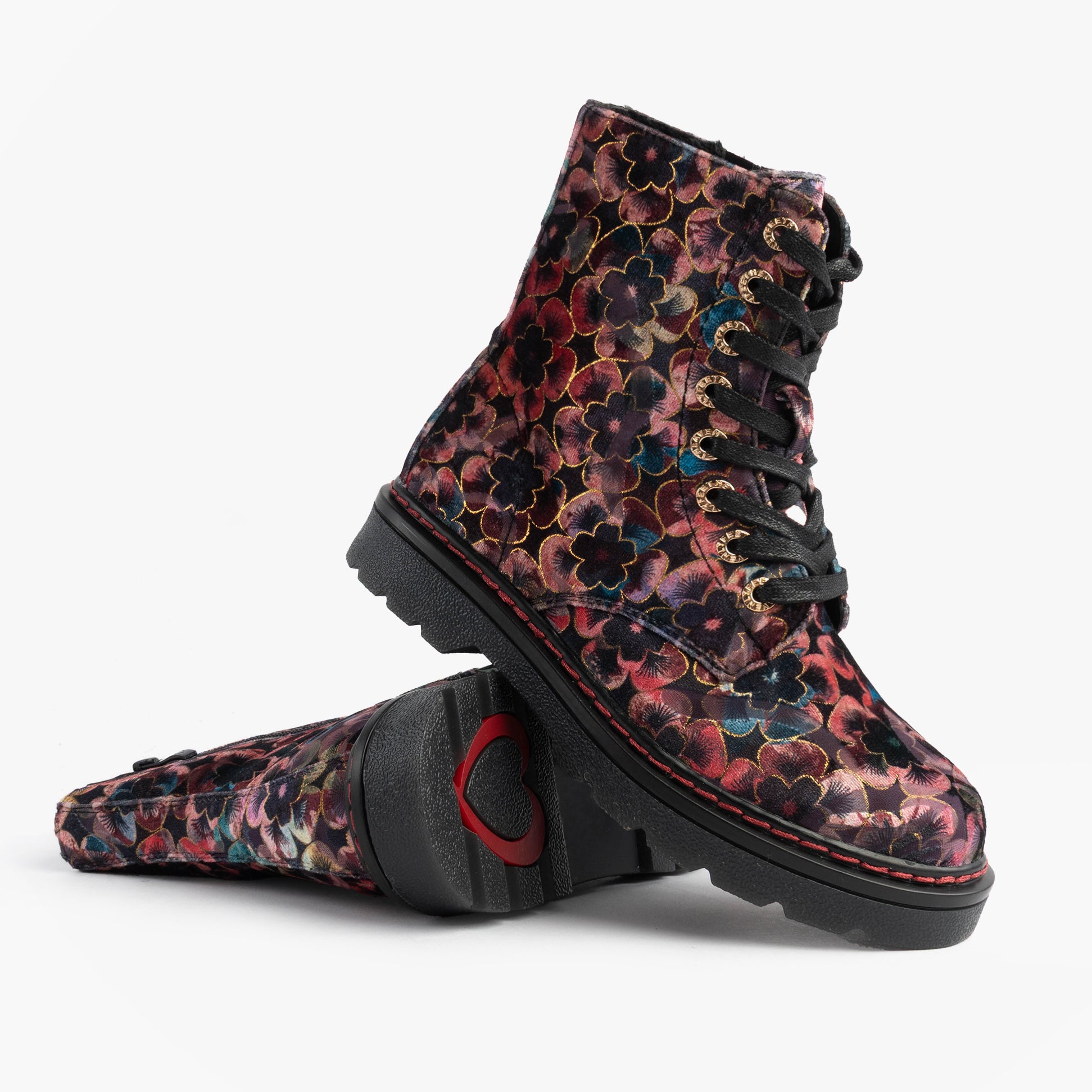 Heavenly Feet JUSTINA2 VIOLA VELOUR Womens Ankle Boots Rose Pink side view with floral design and zipper detail.