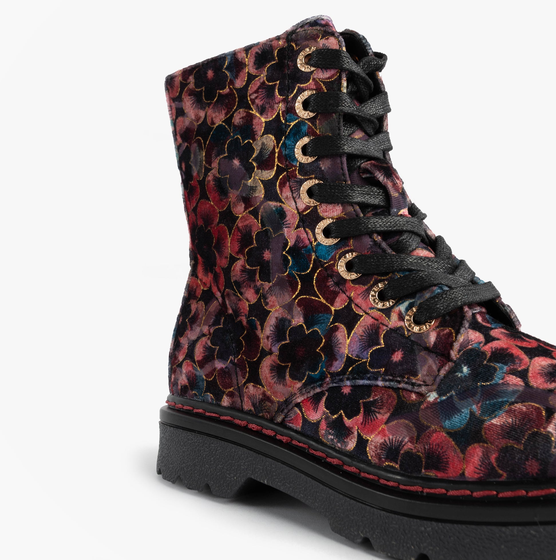 Heavenly Feet JUSTINA2 VIOLA VELOUR Womens Ankle Boots Rose Pink side view with floral pattern and black laces.
