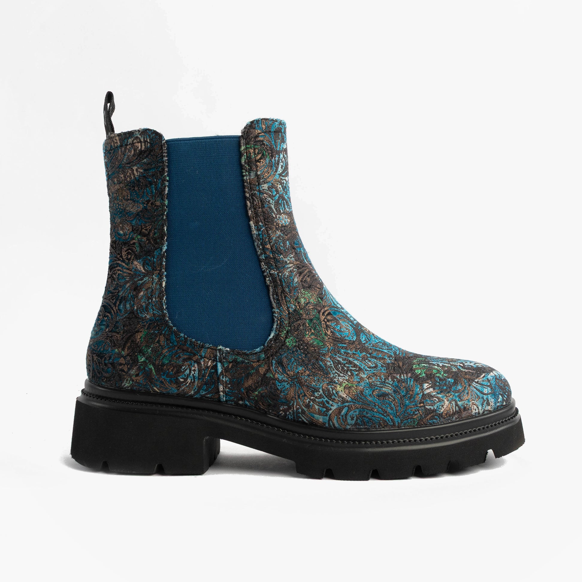 Heavenly Feet ZETA MEADOW VELOUR Womens Chelsea Boots Blue Velour side view showcasing stylish floral design and sturdy sole.