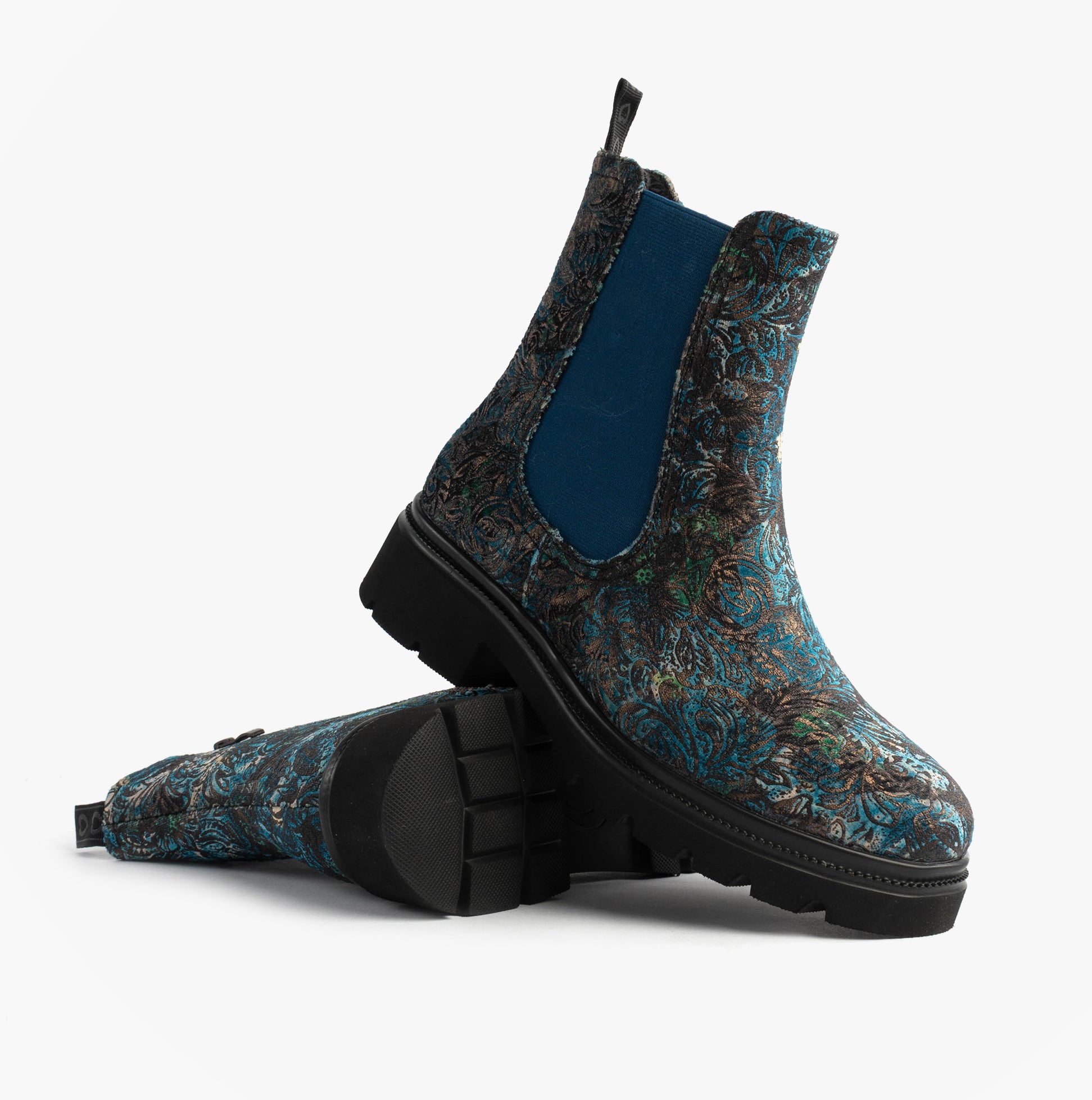 Heavenly Feet ZETA MEADOW VELOUR Womens Chelsea Boots Blue Velour side view showcasing floral design and ankle height.