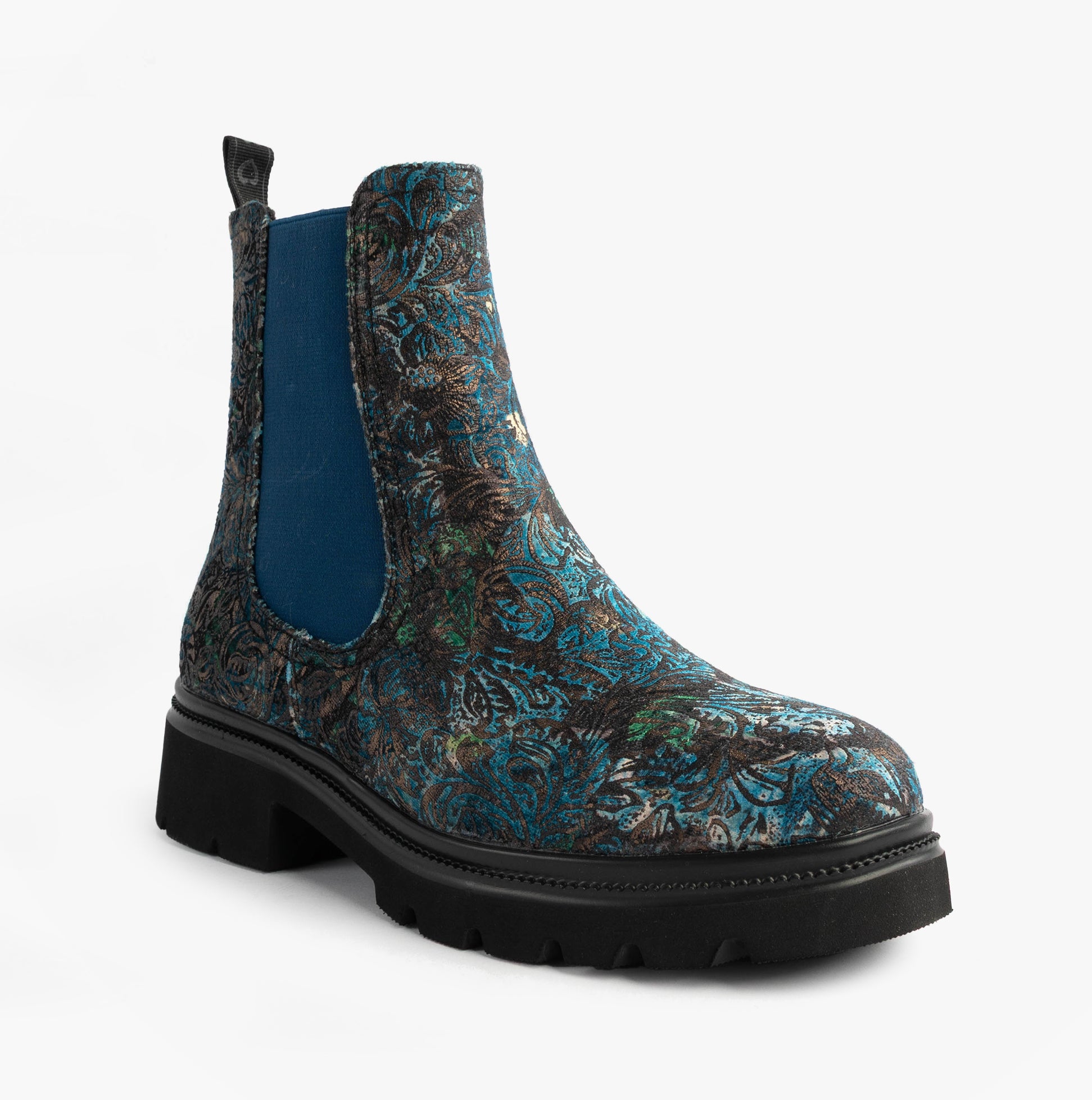 Heavenly Feet ZETA MEADOW VELOUR Womens Chelsea Boots Blue Velour side view showcasing ankle-height design and floral pattern.