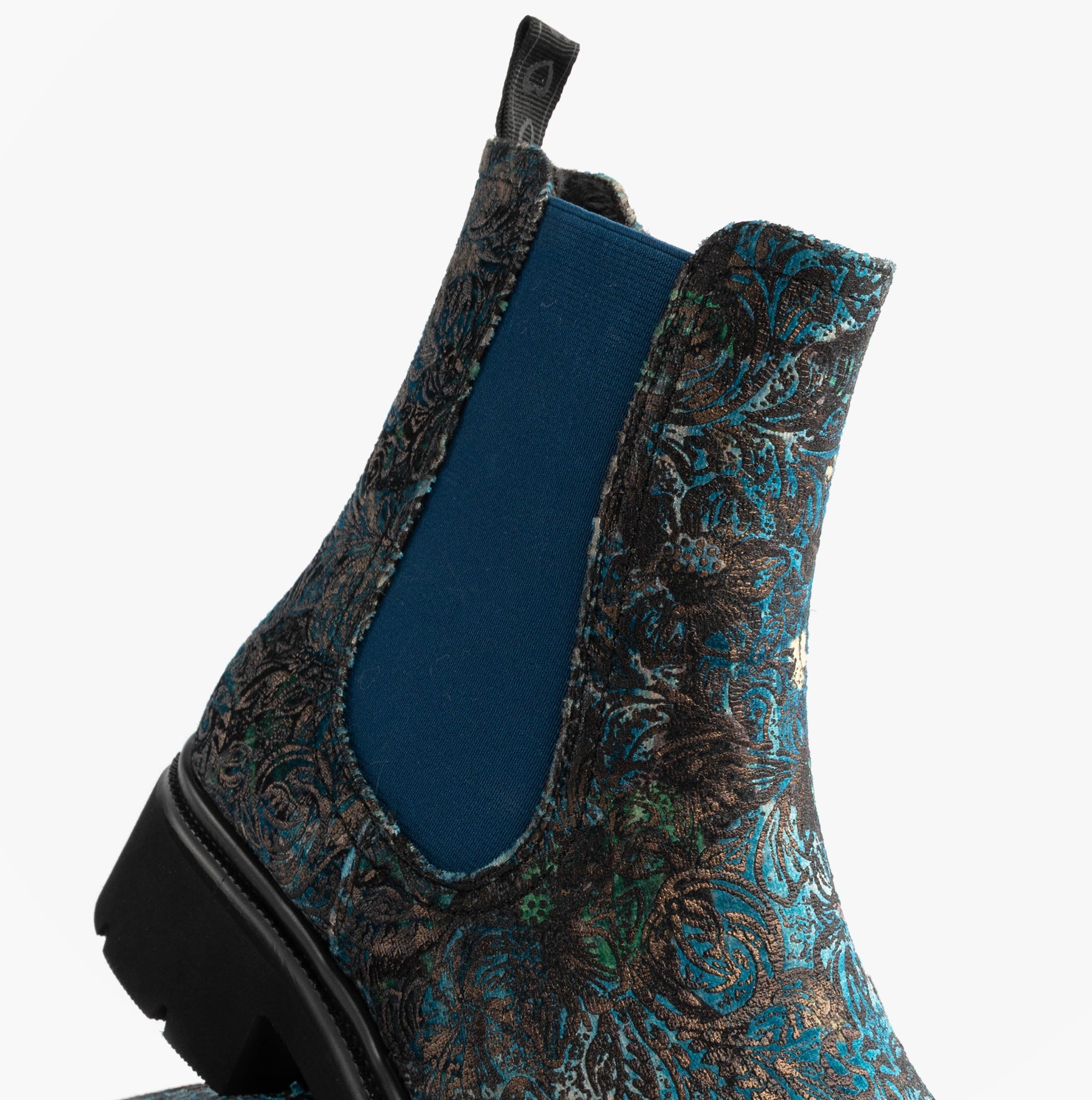 Heavenly Feet ZETA MEADOW VELOUR Womens Chelsea Boots Blue Velour side view showcasing intricate floral pattern and elastic panel.