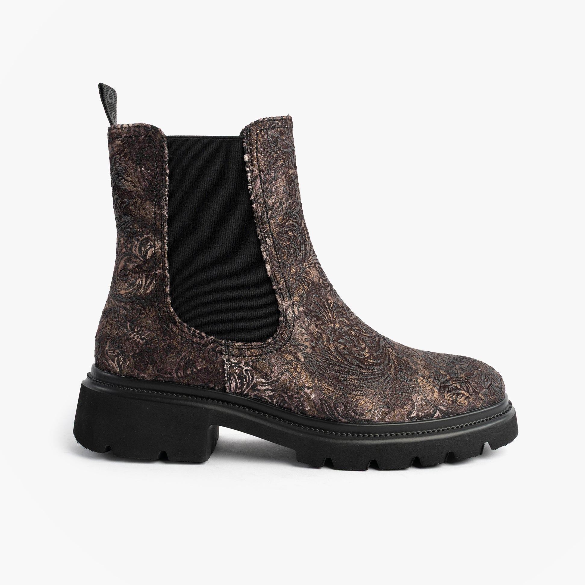 Heavenly Feet BRKVLR ZETA MEADOW VELOUR Womens Chelsea Boots Bark Velour side view showcasing intricate pattern and chunky sole.