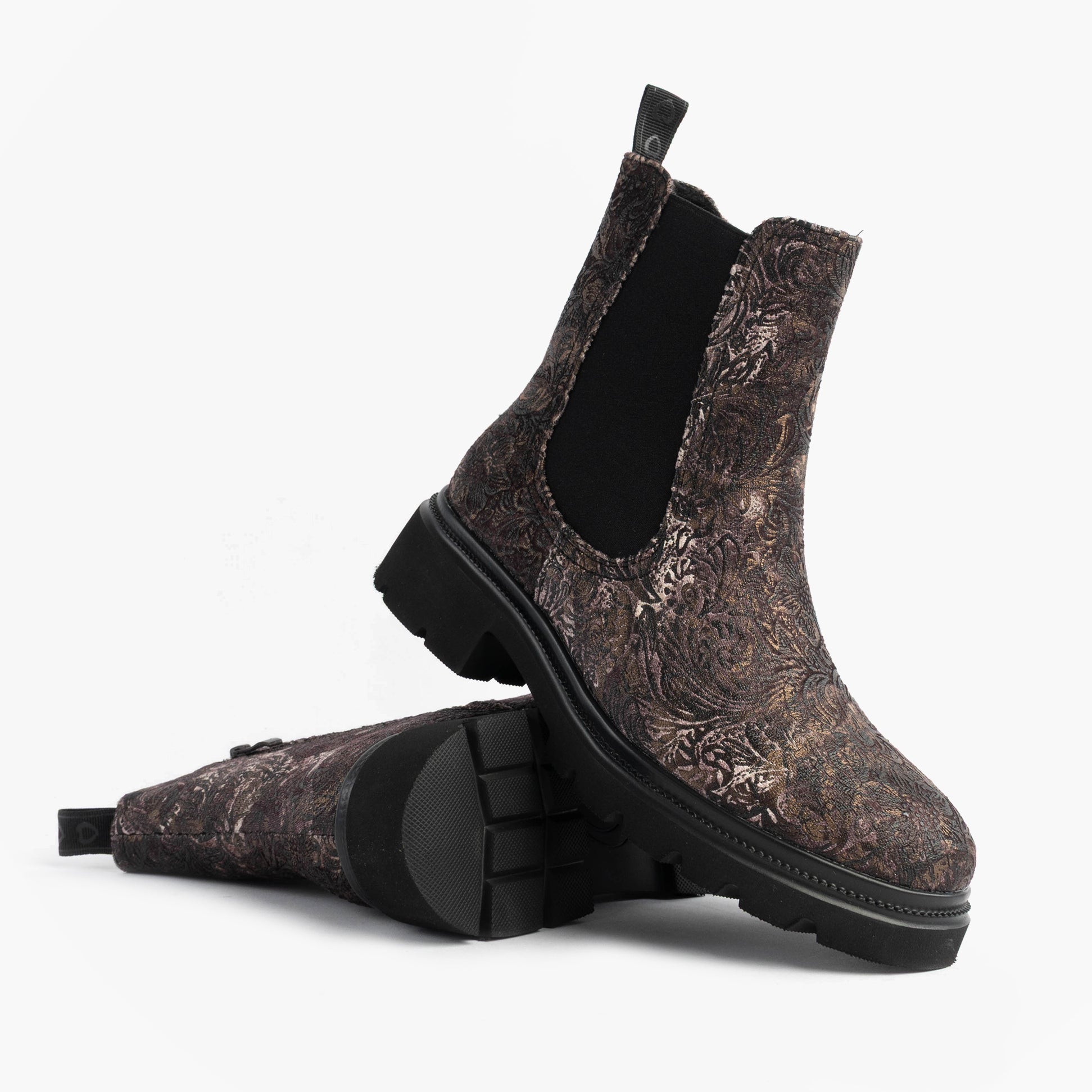 Heavenly Feet BRKVLR ZETA MEADOW VELOUR Womens Chelsea Boots Bark Velour side view showcasing textured velour material.