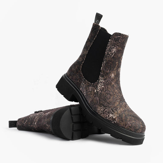 Heavenly Feet BRKVLR ZETA MEADOW VELOUR Womens Chelsea Boots Bark Velour side view showcasing textured velour material.