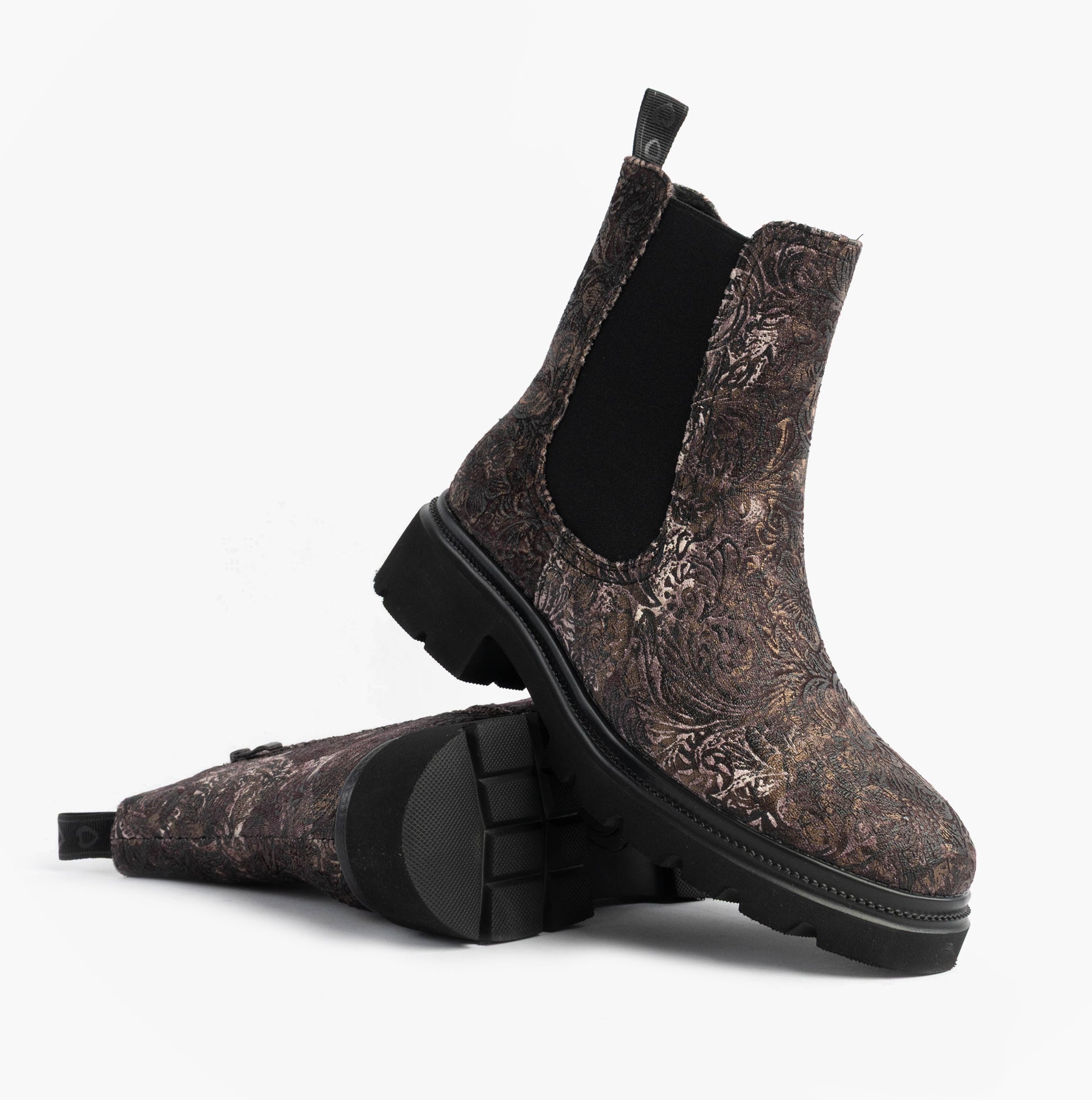 Heavenly Feet BRKVLR ZETA MEADOW VELOUR Womens Chelsea Boots Bark Velour side view showcasing textured velour material.
