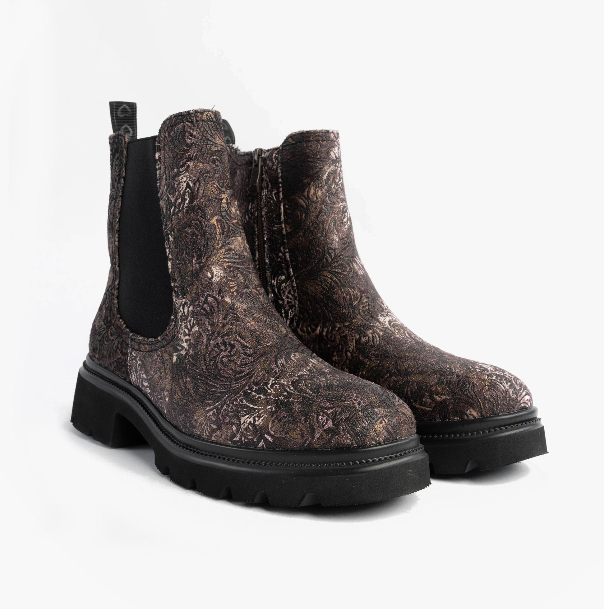 Heavenly Feet BRKVLR ZETA MEADOW VELOUR Womens Chelsea Boots Bark Velour side view showcasing stylish printed upper.