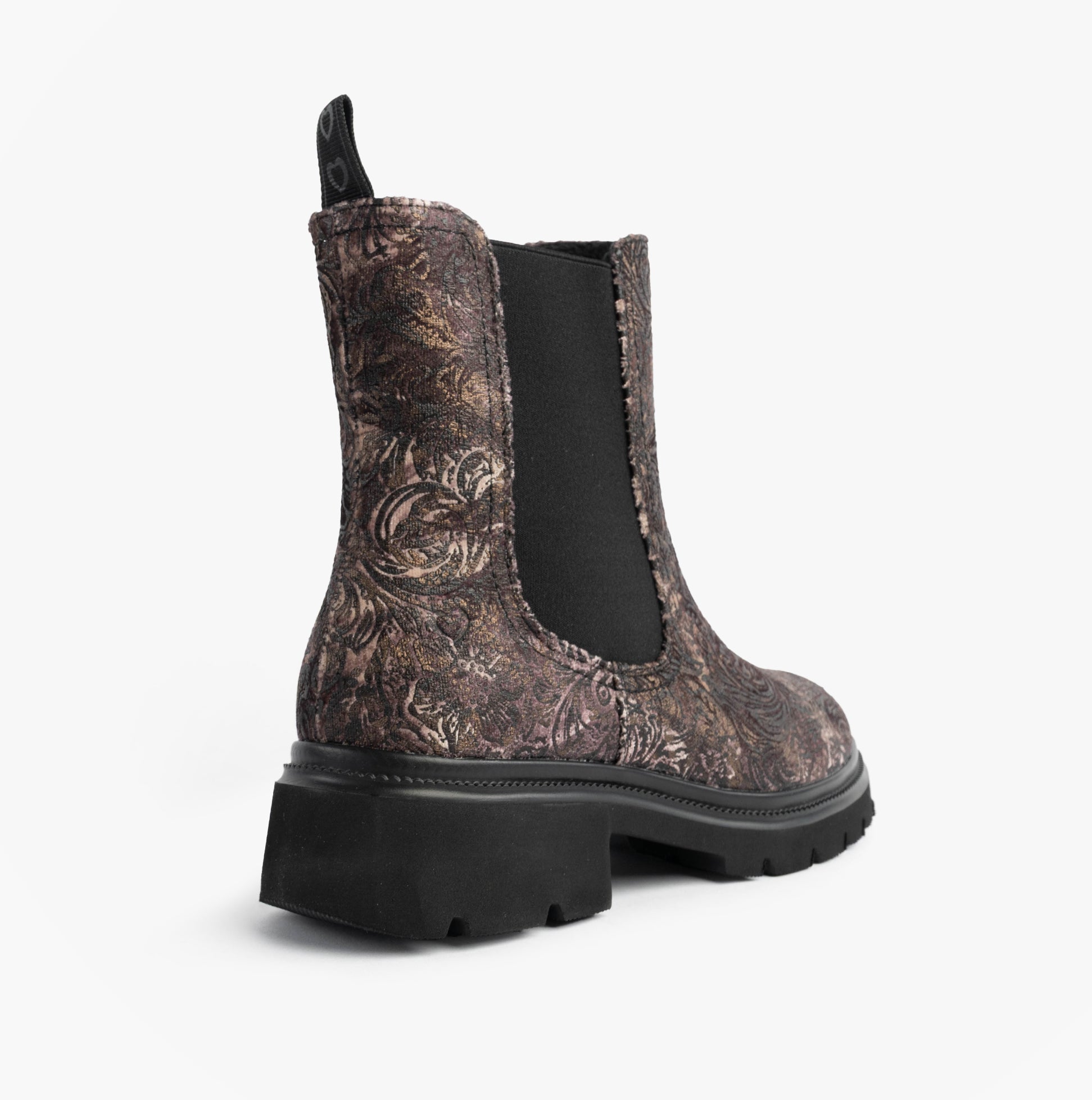 Heavenly Feet BRKVLR ZETA MEADOW VELOUR Womens Chelsea Boots Bark Velour side view showcasing intricate design and chunky sole.