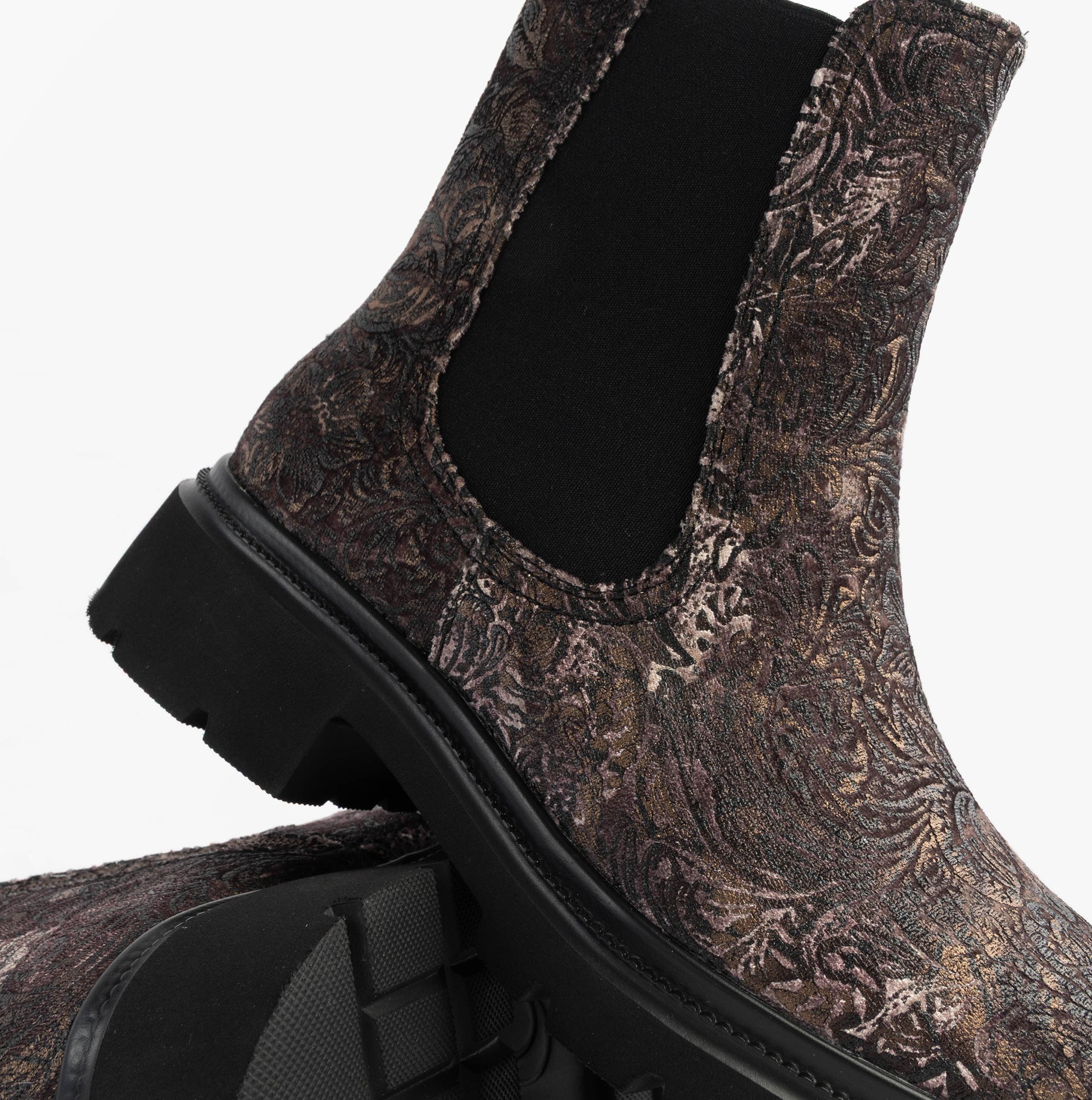 Heavenly Feet BRKVLR ZETA MEADOW VELOUR Womens Chelsea Boots Bark Velour side view showcasing beautiful floral detailing.