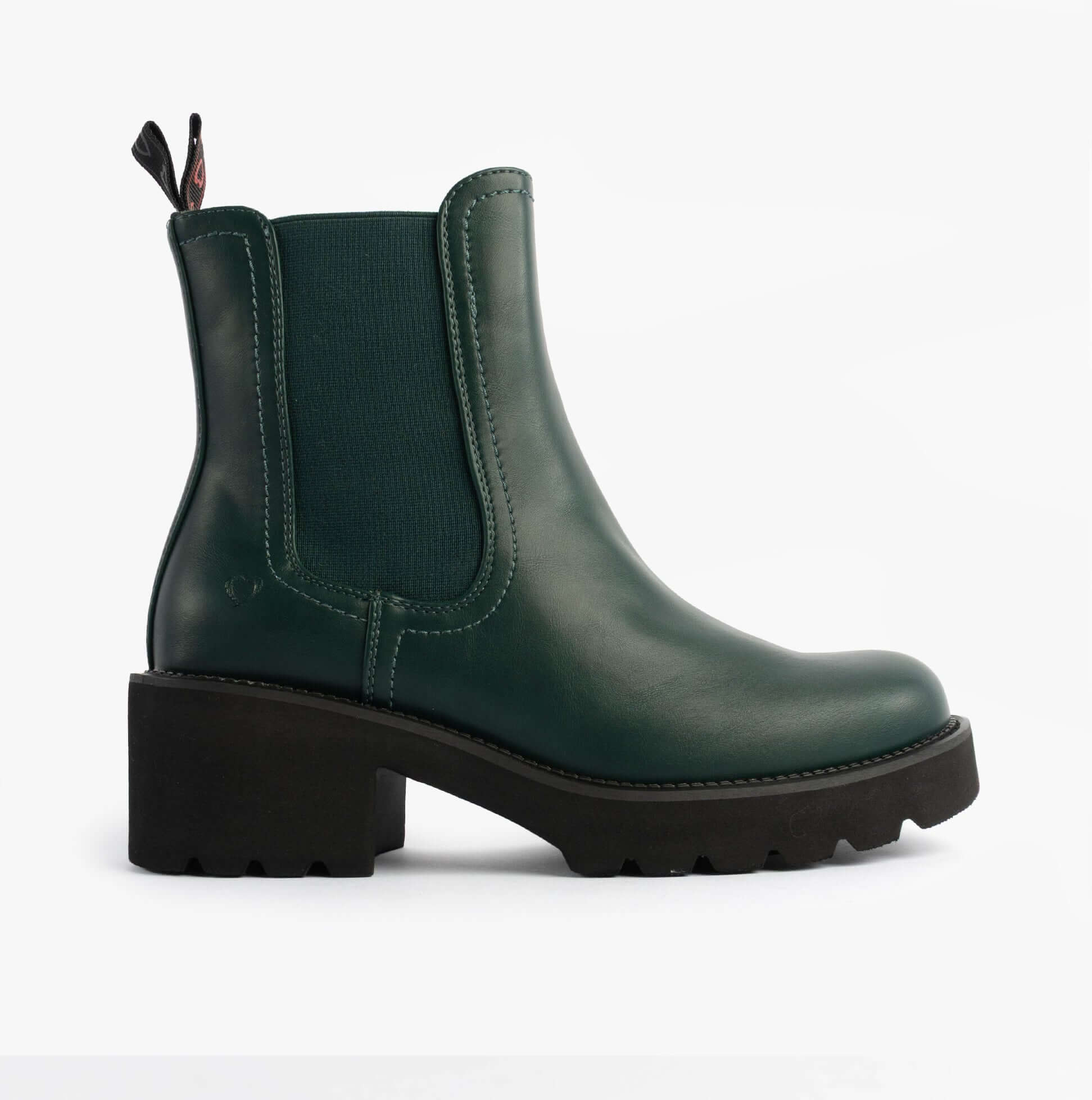 Heavenly Feet HONEYBELLE Womens Chelsea Boots evergreen side view showcasing faux leather upper and chunky sole.