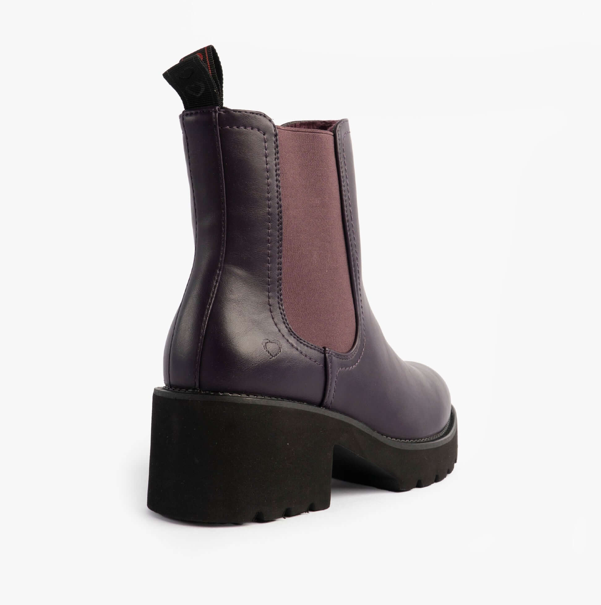 Heavenly Feet HONEYBELLE Womens Chelsea Boots Purple rear view showing faux leather and rubber sole.
