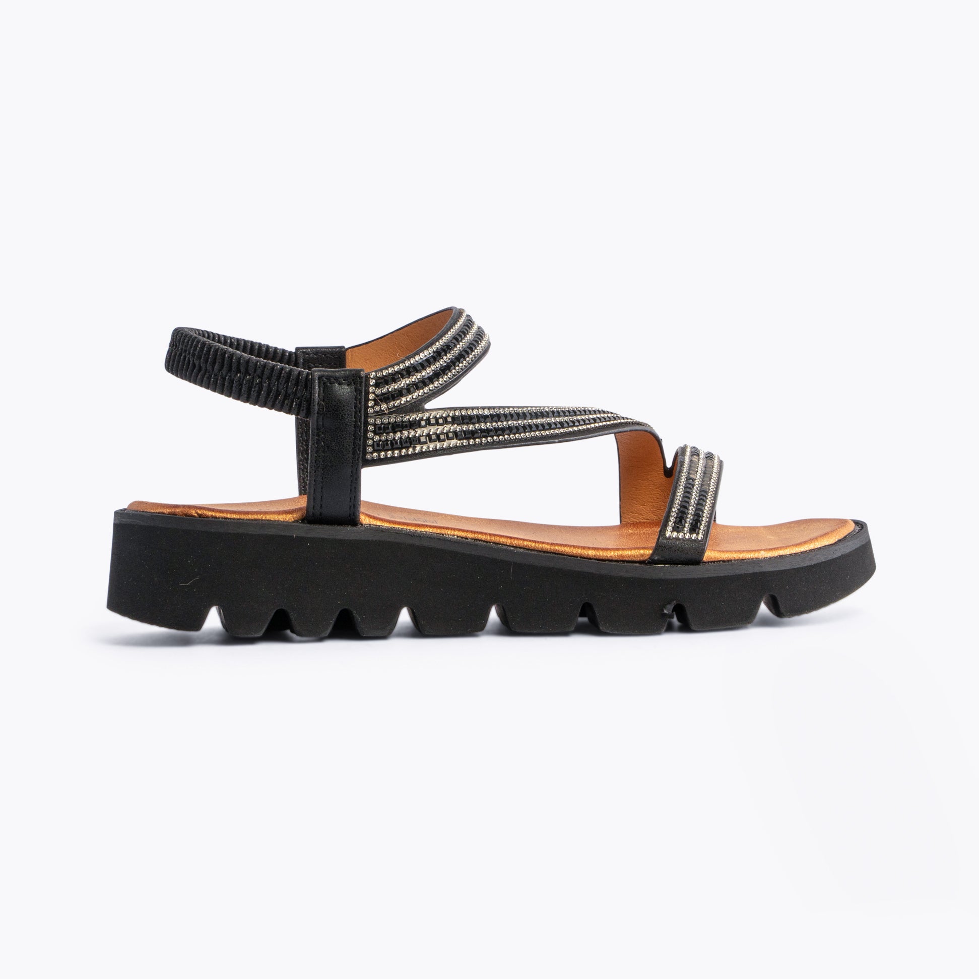Heavenly Feet FRESCO Womens Sandals Black side view, featuring synthetic upper, slip-on design, and wedge heel.