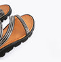 Heavenly Feet FRESCO Womens Sandals Black top view with metallic straps and rubber sole.