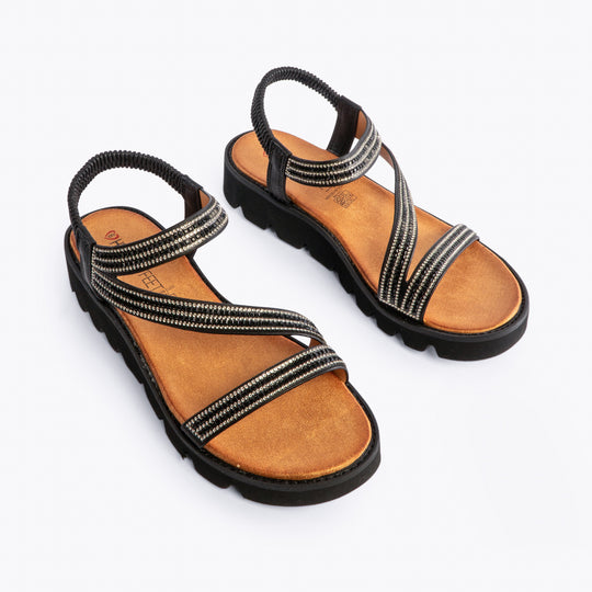 Heavenly Feet FRESCO Womens Sandals Black top view with cross strap design and comfortable sole.