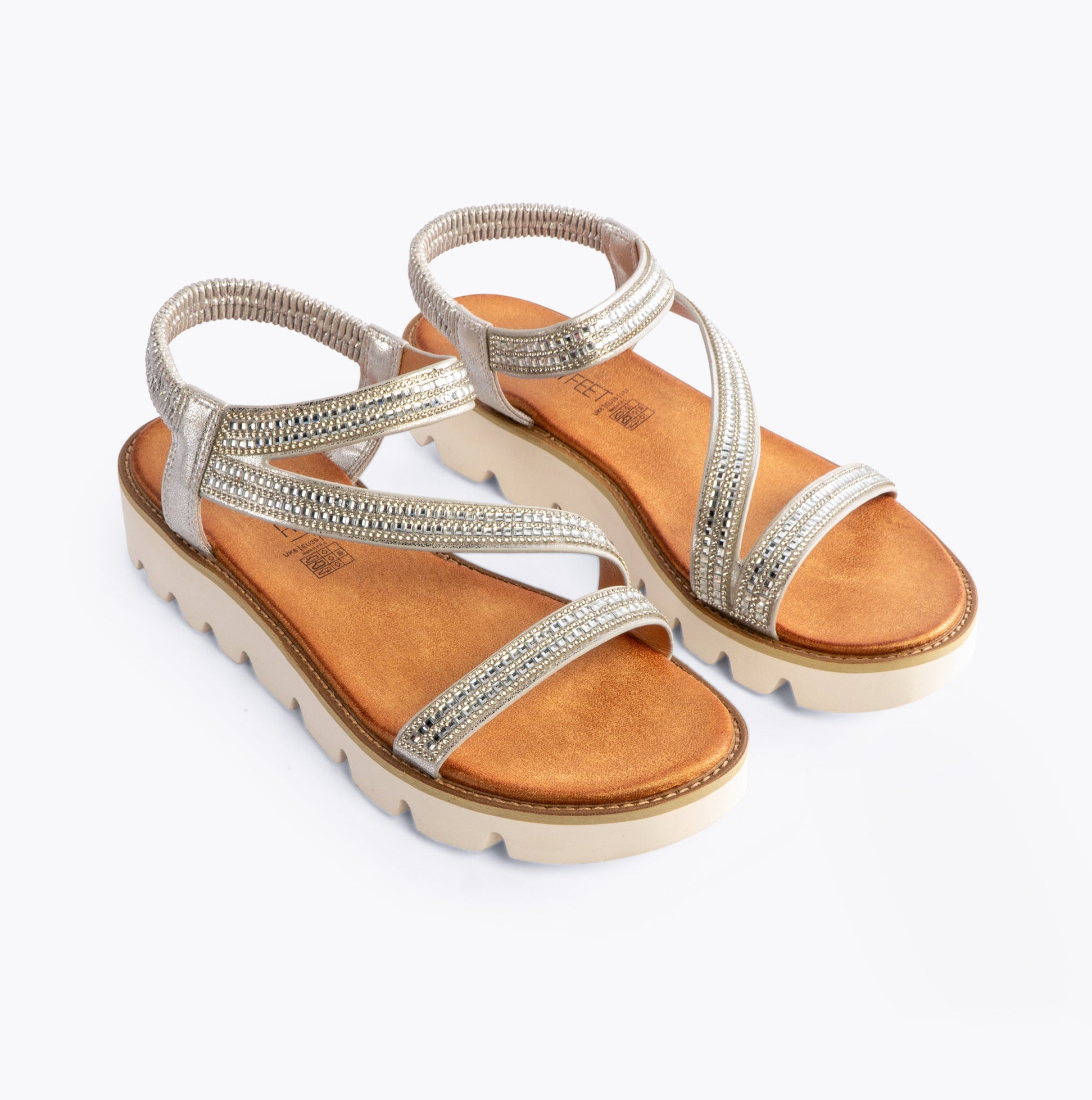 Heavenly Feet FRESCO Womens Sandals Silver front view showing stylish wedge design and shimmering straps.