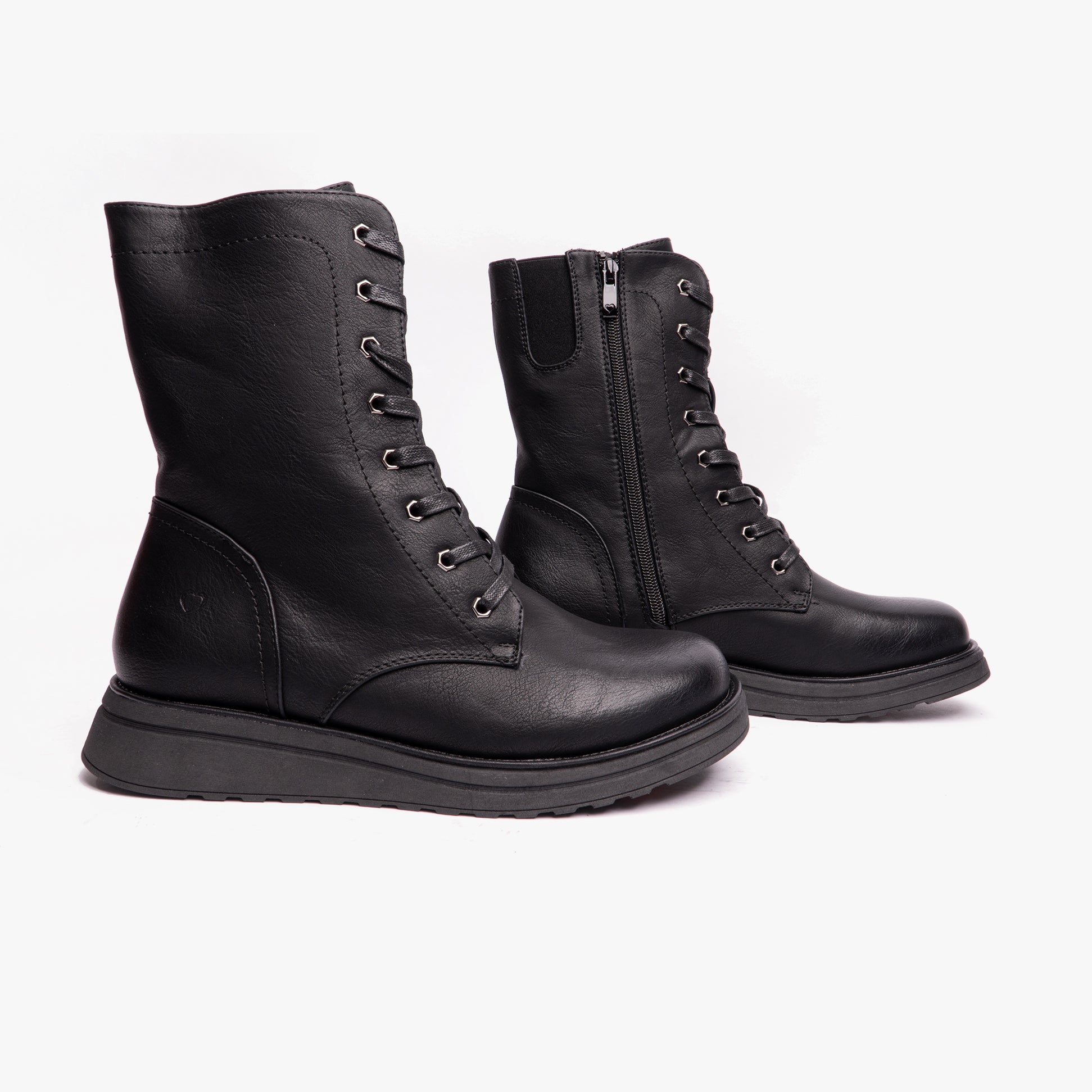 Heavenly Feet MARTINA4 Womens Ankle Boots Black side view featuring lace-up and zip closure, mid-calf combat style.