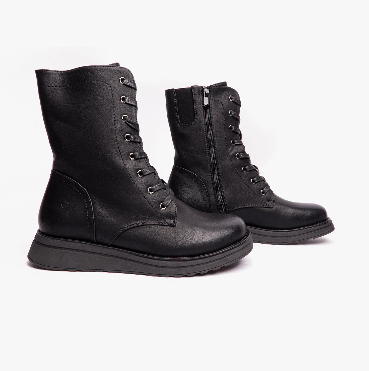 Heavenly Feet MARTINA4 Womens Ankle Boots Black side view featuring lace-up and zip closure, mid-calf combat style.