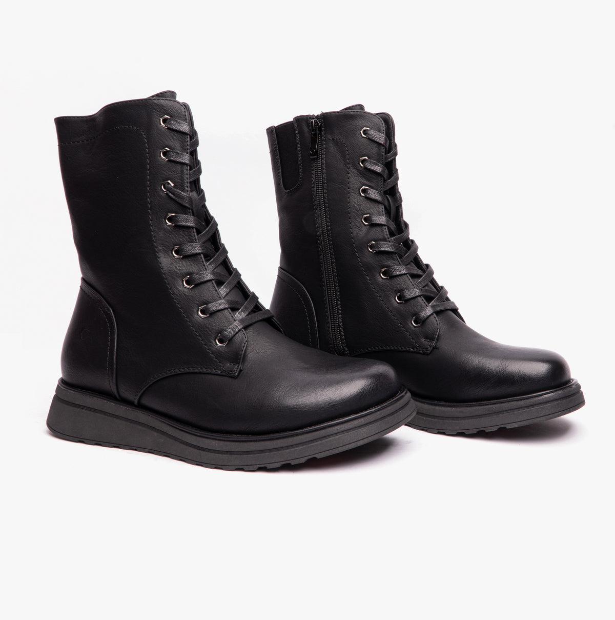 Heavenly Feet MARTINA4 Womens Ankle Boots Black side view showcasing lace-up and zip closure details.